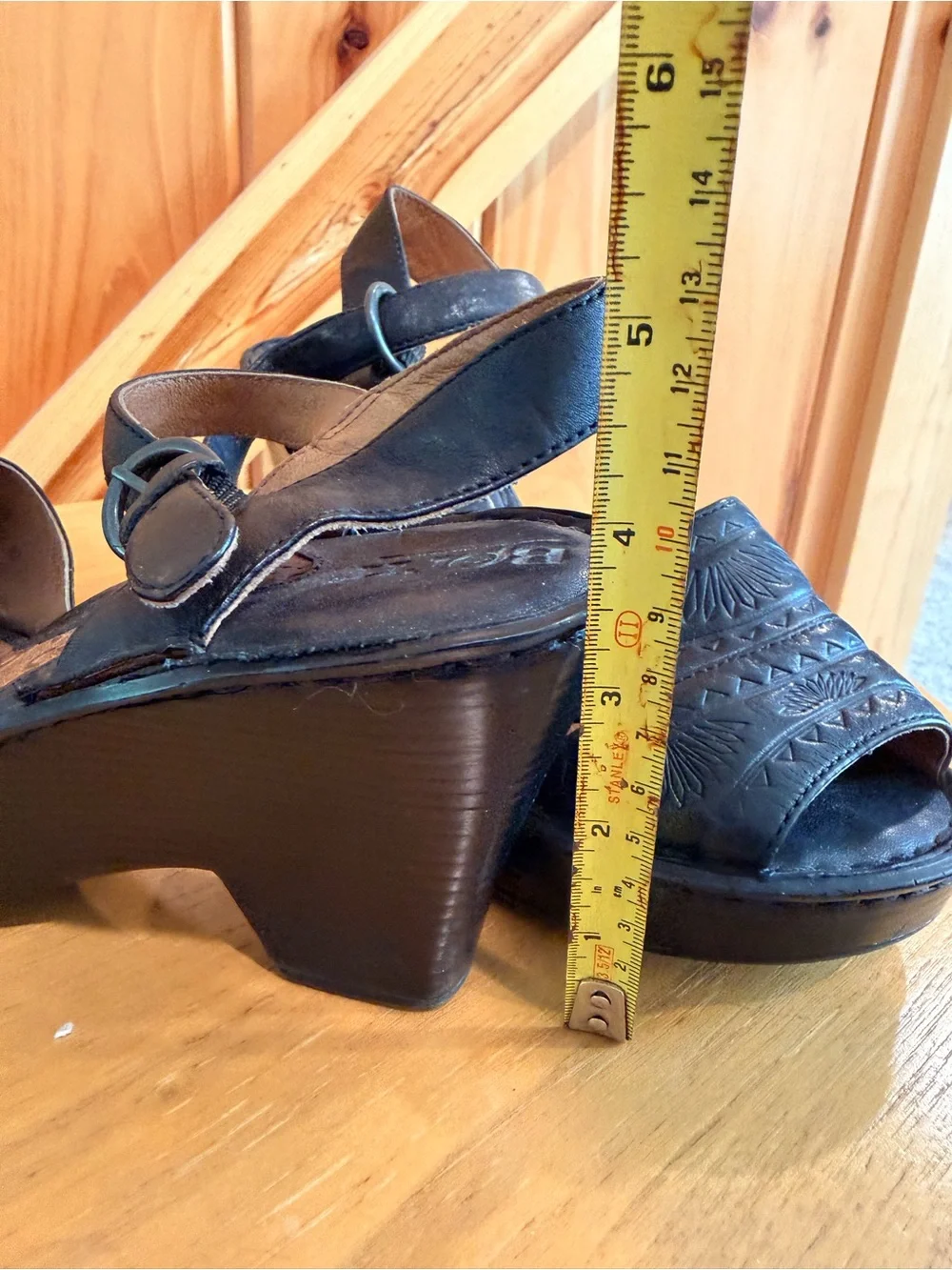 Born Black Embossed Leather Wedge Sandals